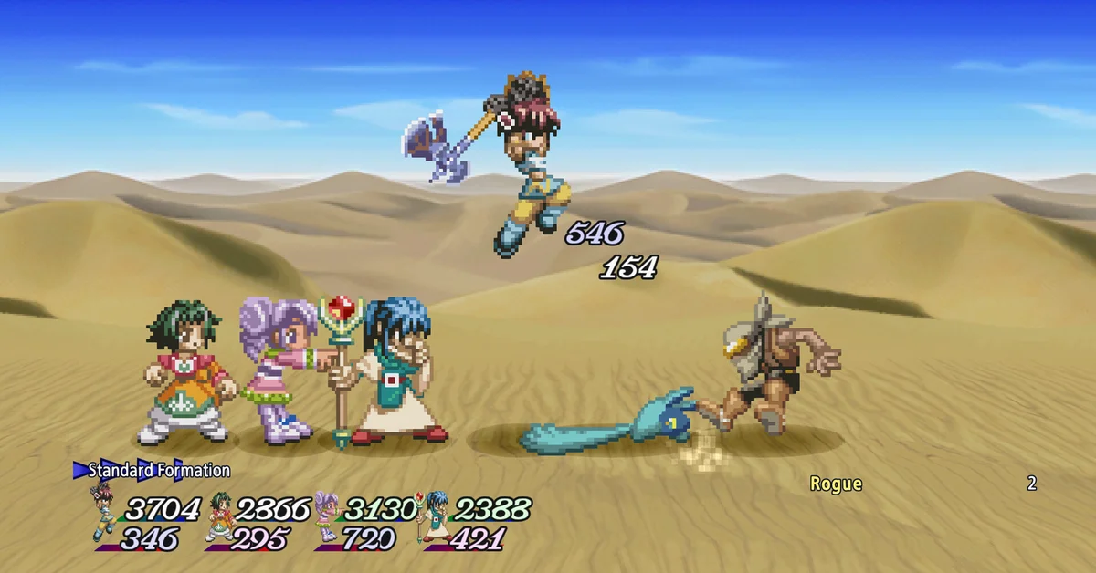 Reid, Farah, Keele and Meredy fighting in a desert battle in Tales of Eternia Remastered