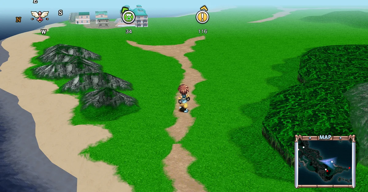 Reid crossing the green overworld map of Inferia in Tales of Eternia Remastered