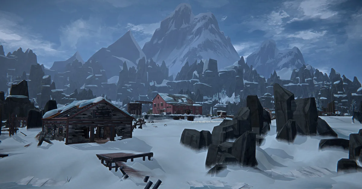 Snowbound buildings beneath jagged mountain peaks in The Long Dark: Iron Road