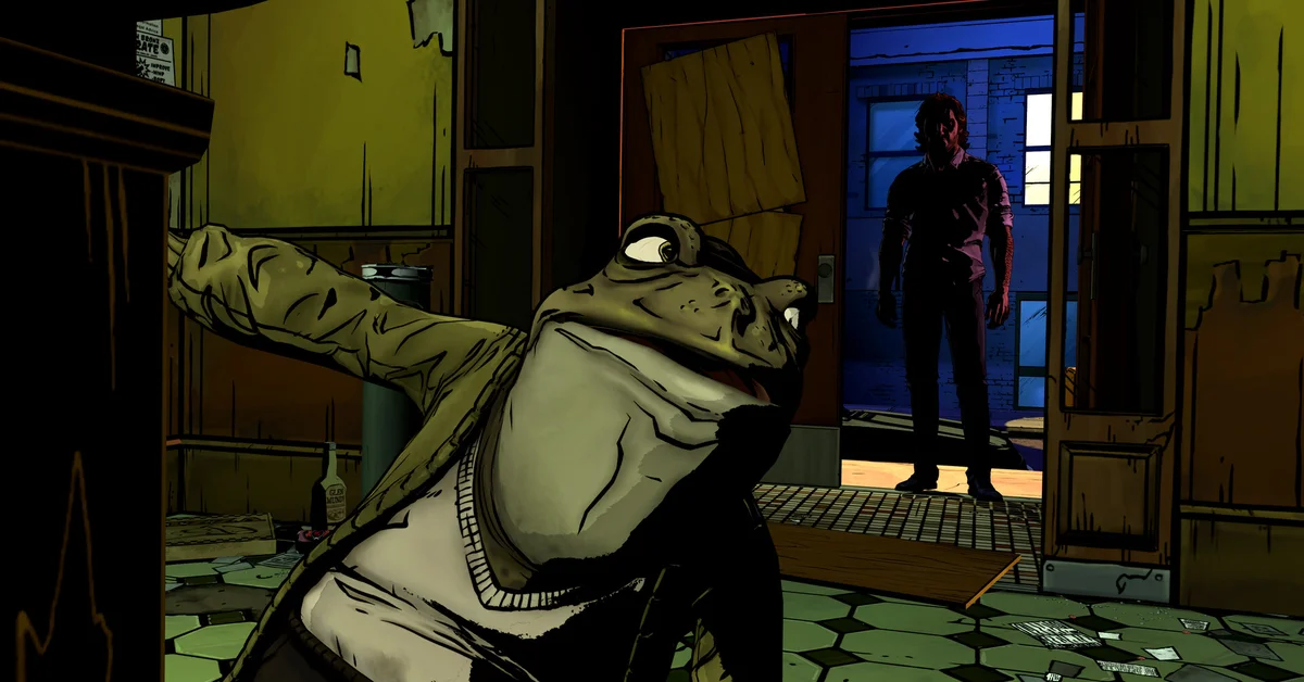Mr. Toad recoils on the floor as Bigby Wolf stands in a doorway in The Wolf Among Us Remastered