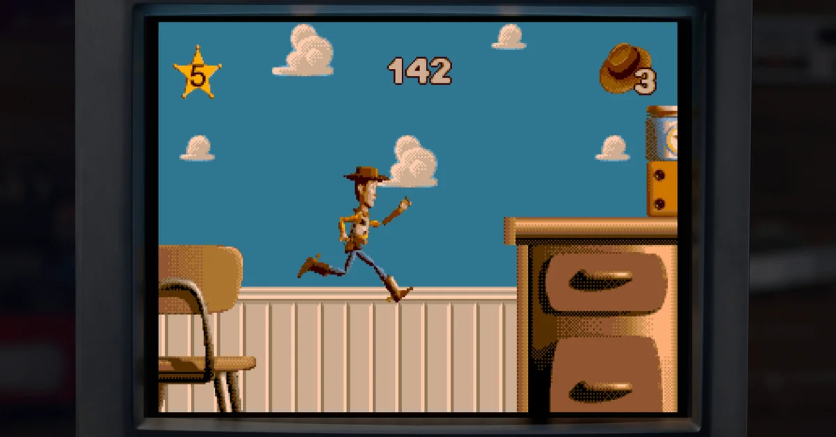 Woody running across a bedroom shelf in the 16-bit Toy Story game from Toy Story: Retro Roundup