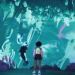 June stands beside a ghostly companion in a glowing teal cavern in an official Usual June screenshot