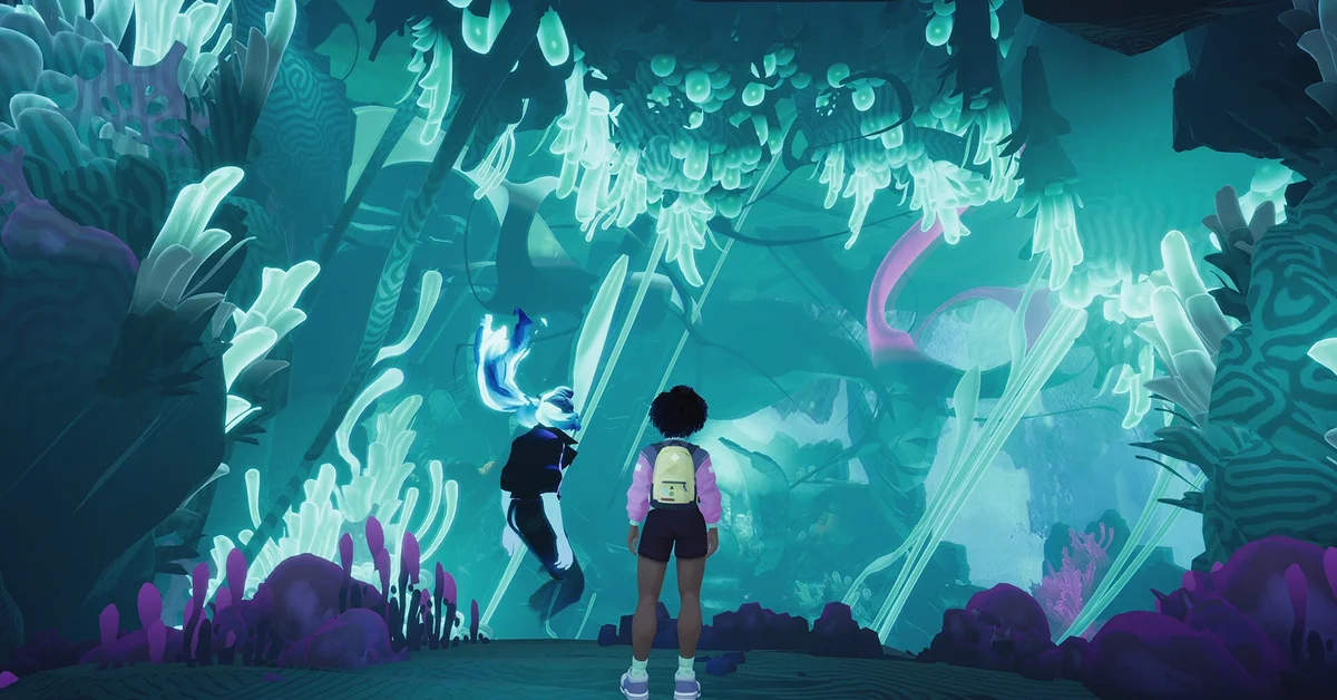 June stands beside a ghostly companion in a glowing teal cavern in an official Usual June screenshot