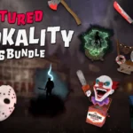 Official VRChat art for the Featured Spookality 2026 Bundle, with a hockey mask, a chainsaw clown in a box and Camp Whispering Screams items