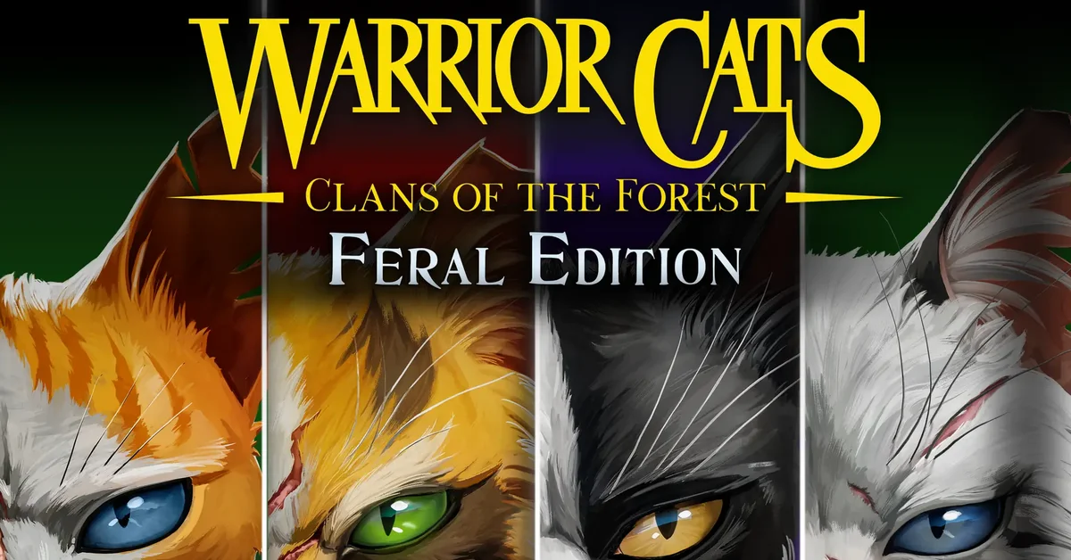 Official Warrior Cats: Clans of the Forest Feral Edition key art showing four warrior cats' faces