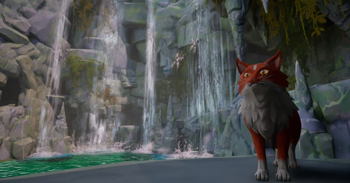 A red warrior cat stands beside a waterfall in Warrior Cats: Clans of the Forest
