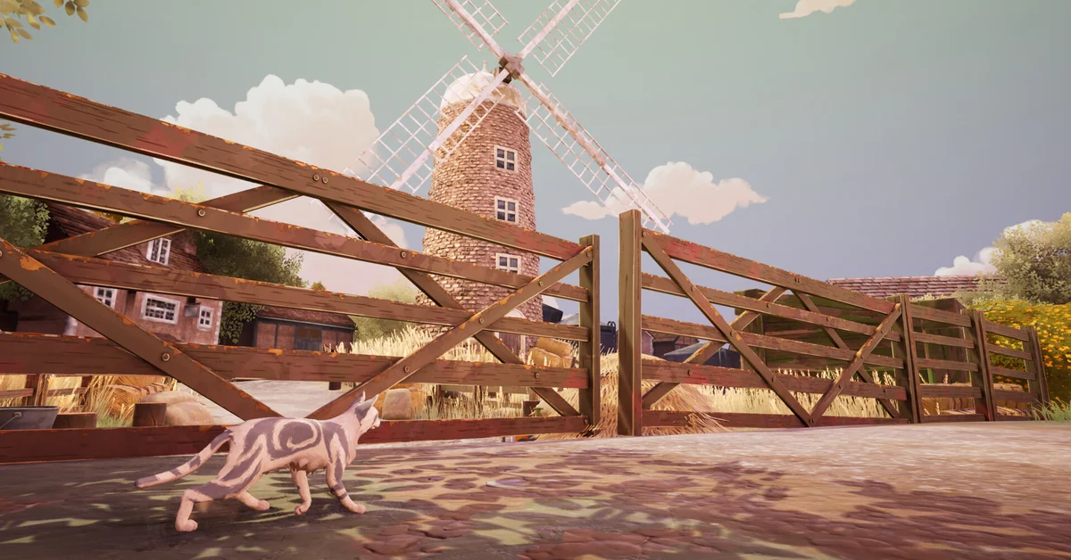 A striped warrior cat walks past a farm gate and windmill in Warrior Cats: Clans of the Forest