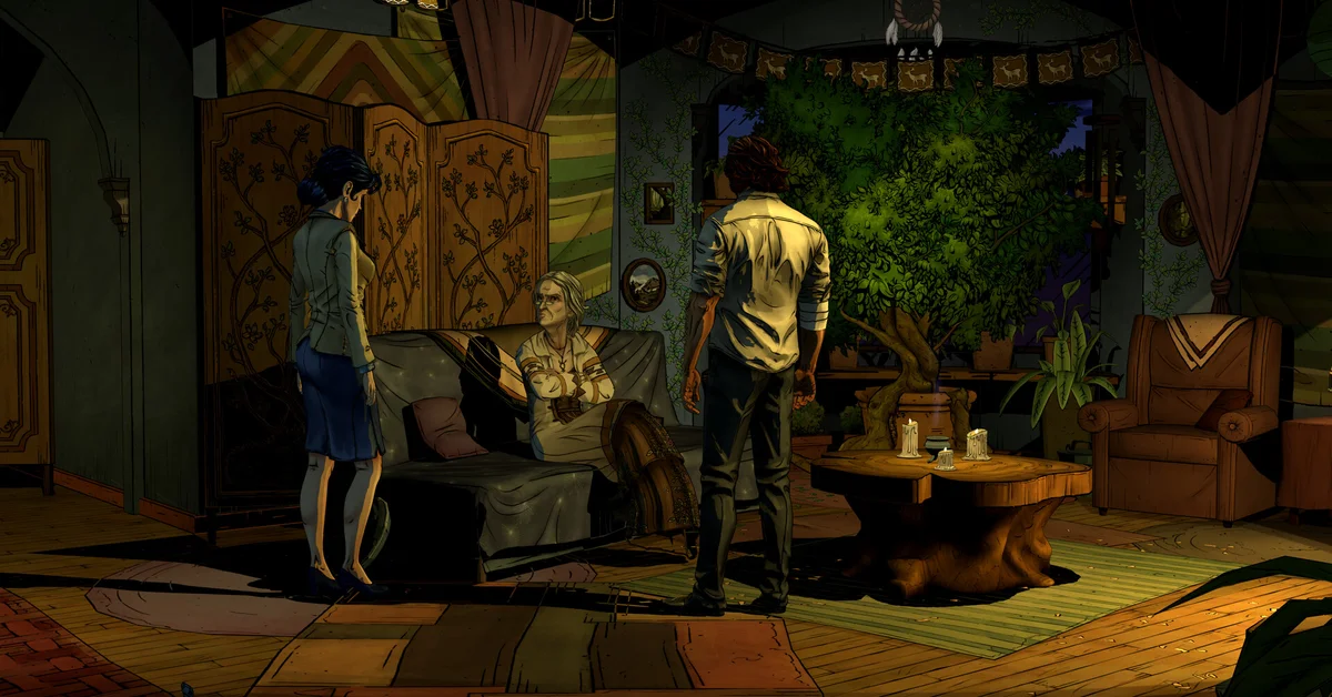 Bigby Wolf and Snow White question an old woman in her apartment in The Wolf Among Us Remastered