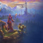 Horde and Alliance heroes, including a tauren and a dwarf, look out over a valley in official World of Warcraft: Forever art