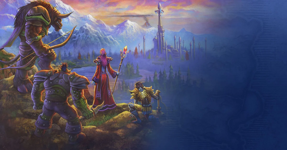 Horde and Alliance heroes, including a tauren and a dwarf, look out over a valley in official World of Warcraft: Forever art