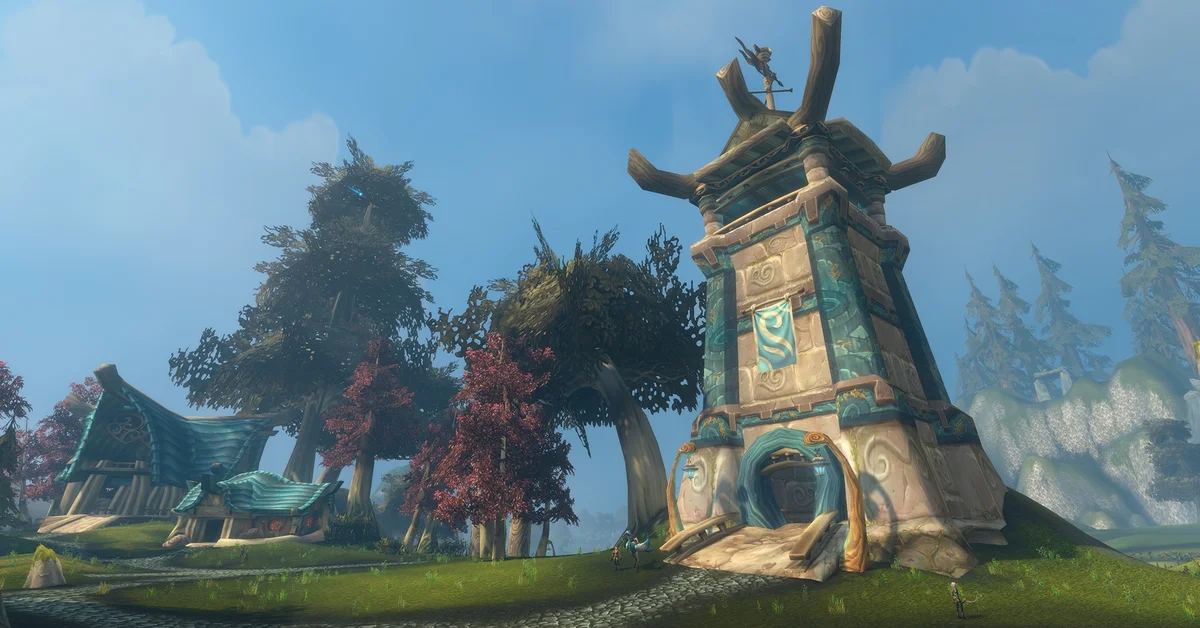 A carved stone tower beside a forest village in World of Warcraft: Forever